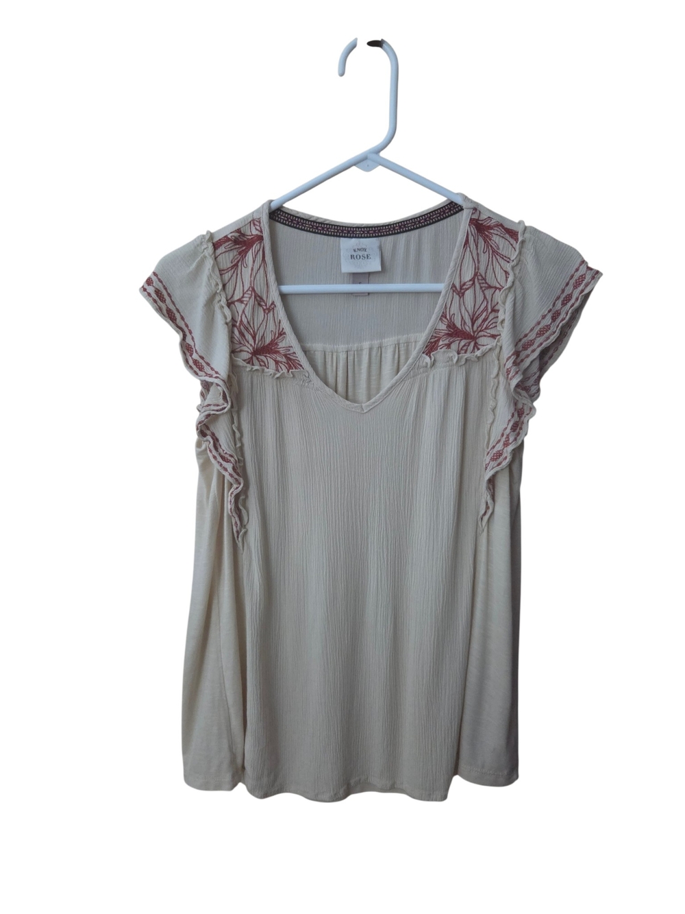 Knox Rose Cream Flutter Sleeve V-Neck Top with Rose Embroidery